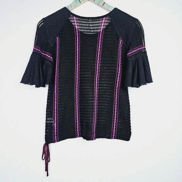 Free People Babes Only Full Crochet Sheer Top in Black Hot Pink, Side Tie Sz Sm - Picture 6 of 8
